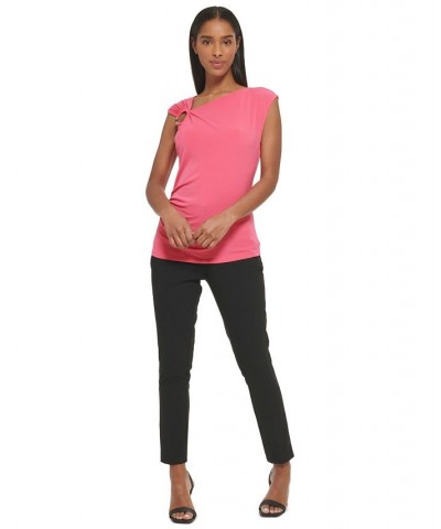 Sleeveless Asymmetrical Neck Ring Hardware Top Pink $28.50 Tops