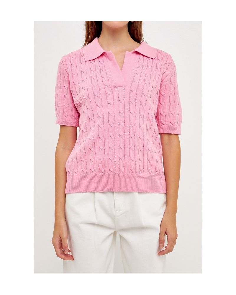 Women's Cable Knit Polo Top Pink $40.50 Sweaters