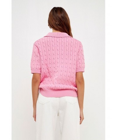 Women's Cable Knit Polo Top Pink $40.50 Sweaters