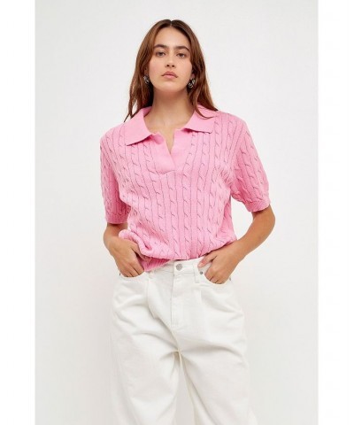 Women's Cable Knit Polo Top Pink $40.50 Sweaters