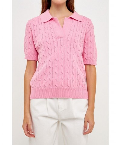 Women's Cable Knit Polo Top Pink $40.50 Sweaters