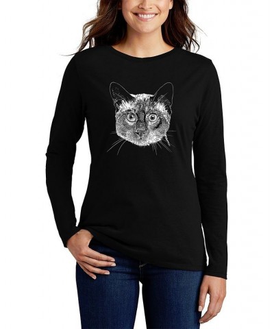 Women's Long Sleeve Word Art Siamese Cat T-shirt Black $19.60 Tops