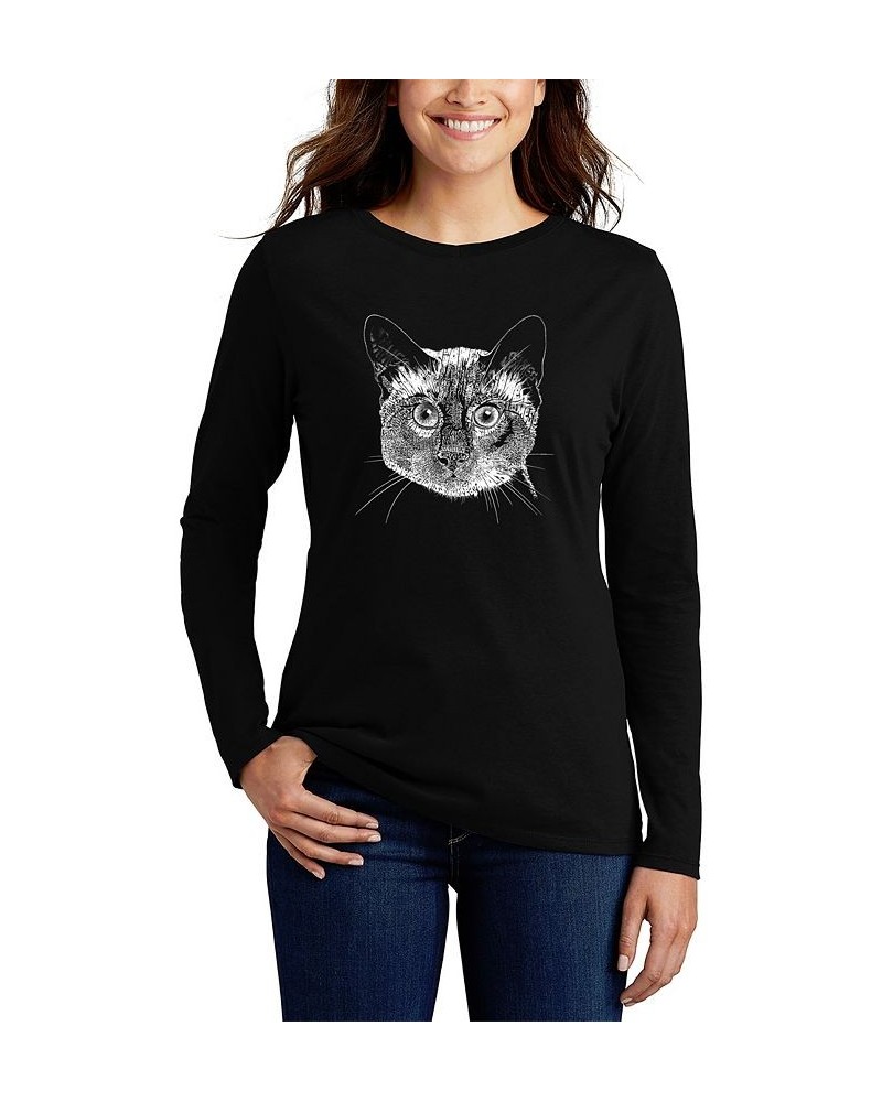 Women's Long Sleeve Word Art Siamese Cat T-shirt Black $19.60 Tops