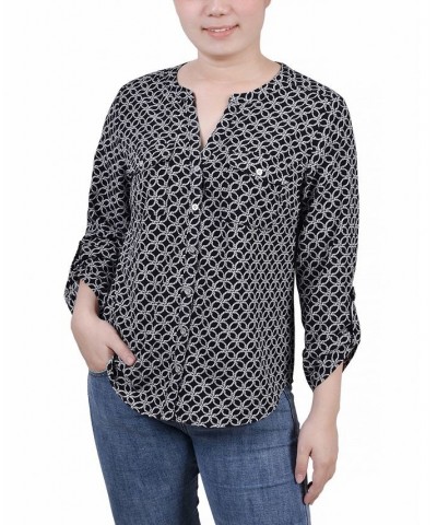 Petite 3/4 Sleeve Roll Tab Y Neck Blouse Black Wht Rope Iconic $14.40 Tops