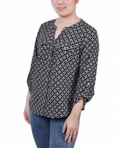 Petite 3/4 Sleeve Roll Tab Y Neck Blouse Black Wht Rope Iconic $14.40 Tops