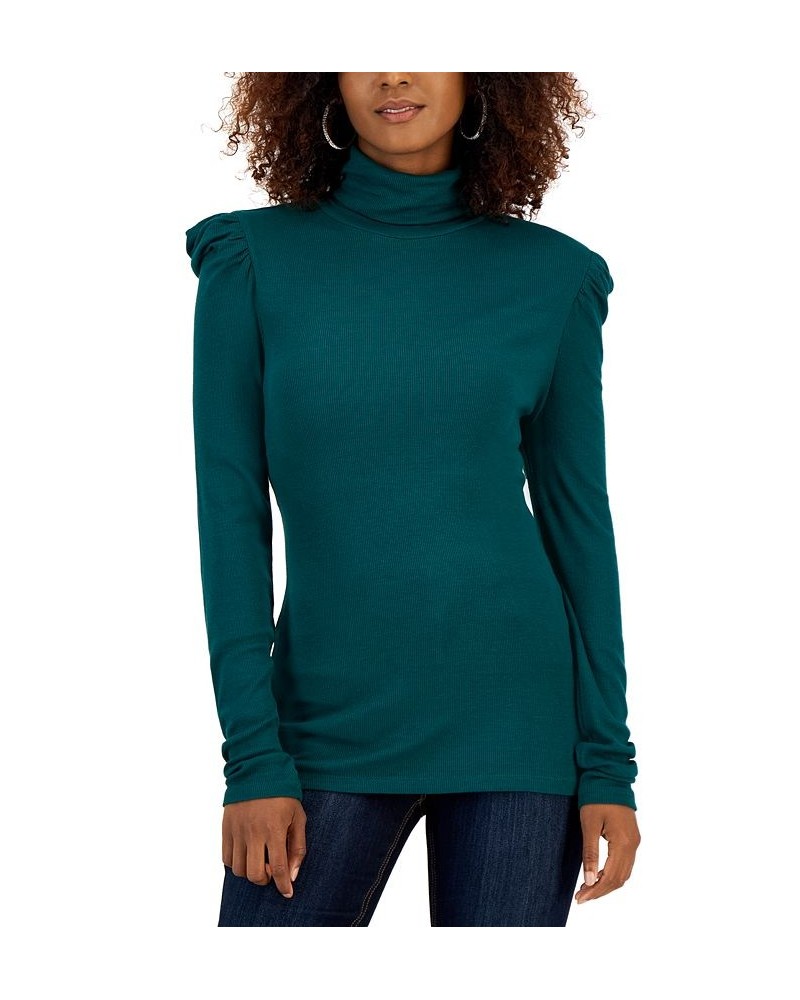 Women's Puff-Sleeve Turtleneck Top Pure Emerald $15.50 Tops