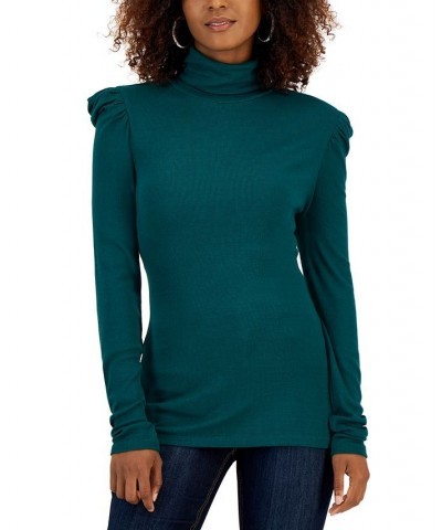 Women's Puff-Sleeve Turtleneck Top Pure Emerald $15.50 Tops