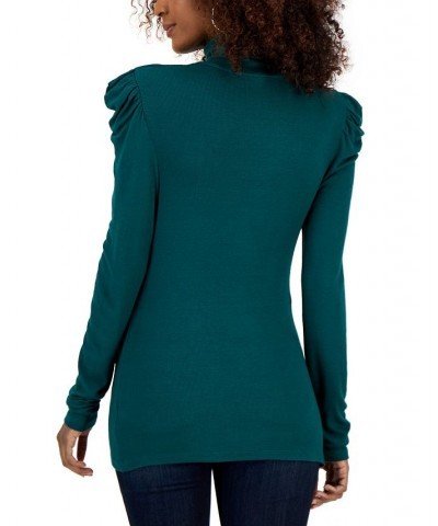 Women's Puff-Sleeve Turtleneck Top Pure Emerald $15.50 Tops