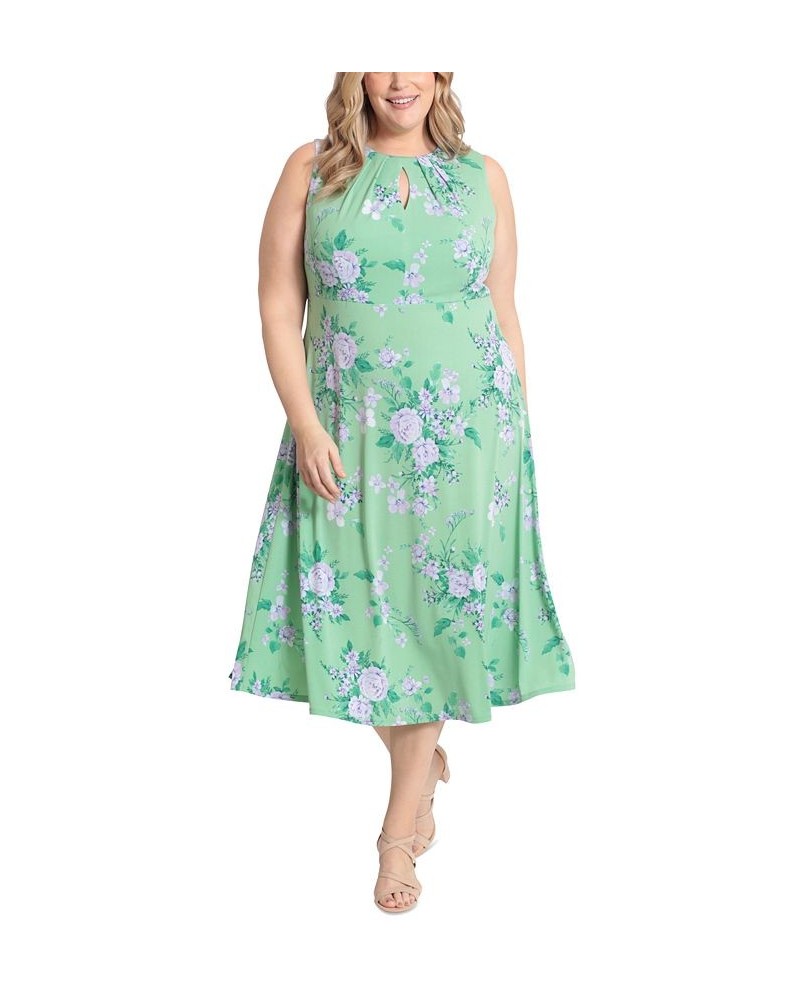 Plus Size Pleated Keyhole Floral-Print Midi Dress Green/Purple $44.55 Dresses