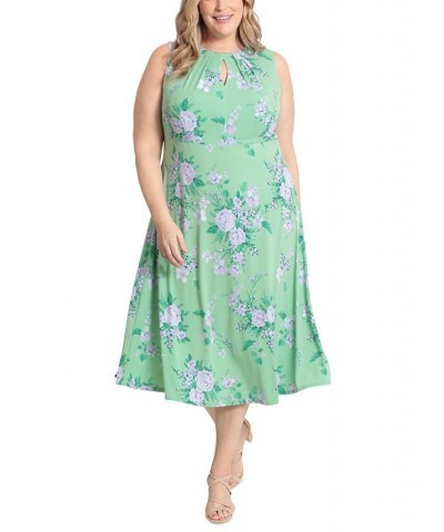 Plus Size Pleated Keyhole Floral-Print Midi Dress Green/Purple $44.55 Dresses