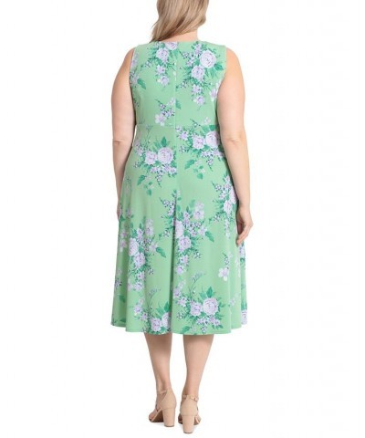 Plus Size Pleated Keyhole Floral-Print Midi Dress Green/Purple $44.55 Dresses