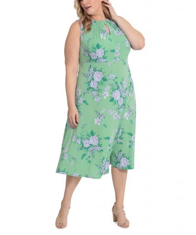 Plus Size Pleated Keyhole Floral-Print Midi Dress Green/Purple $44.55 Dresses