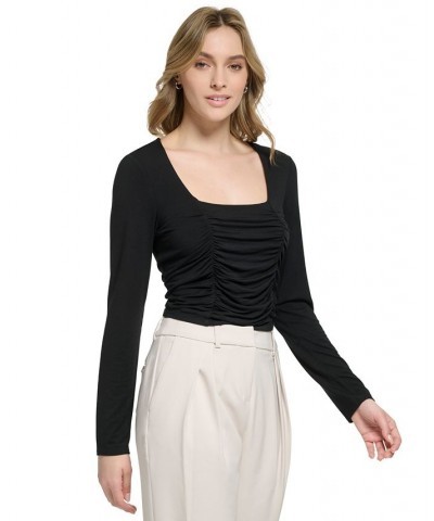 Women's X-Fit Long-Sleeve Ruched-Front Cropped Top Black $32.43 Tops