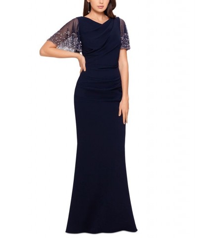 Petite Beaded-Sleeve Gown Navy/Silver $101.15 Dresses