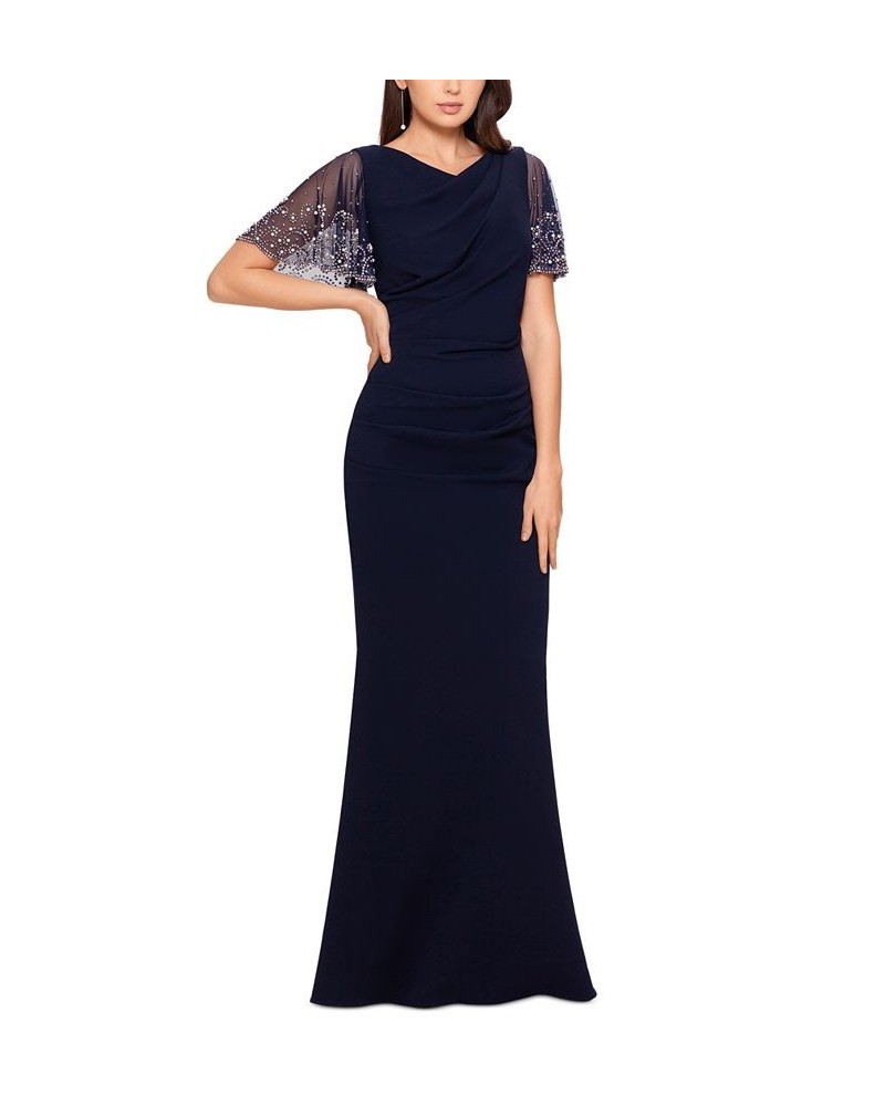 Petite Beaded-Sleeve Gown Navy/Silver $101.15 Dresses