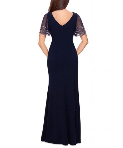 Petite Beaded-Sleeve Gown Navy/Silver $101.15 Dresses