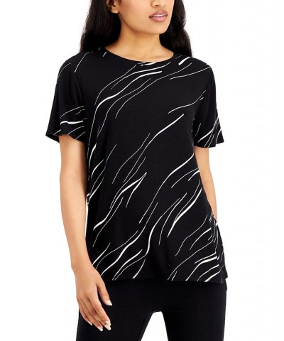 Women's Printed Crewneck T-Shirt Black Linear Breeze $16.51 Tops