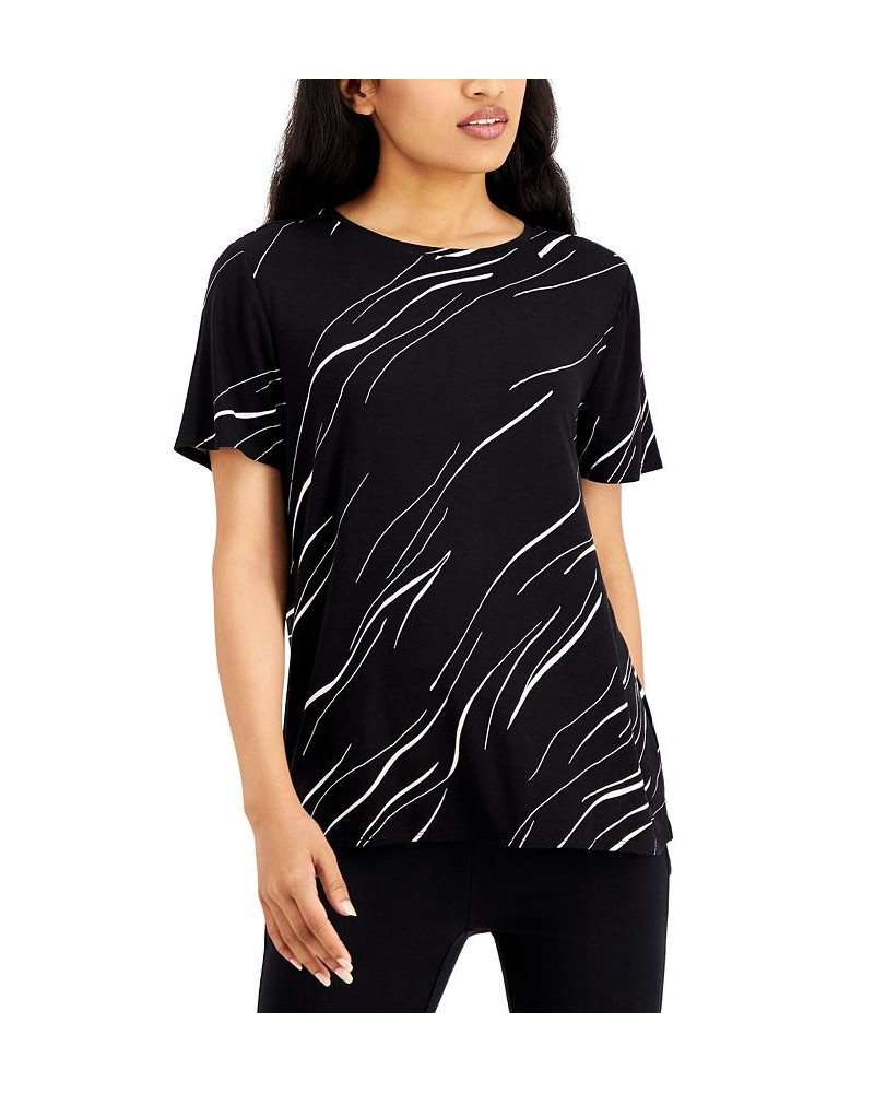 Women's Printed Crewneck T-Shirt Black Linear Breeze $16.51 Tops