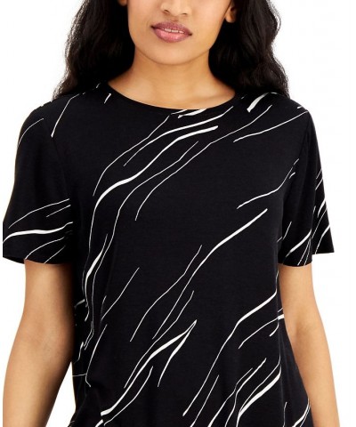 Women's Printed Crewneck T-Shirt Black Linear Breeze $16.51 Tops