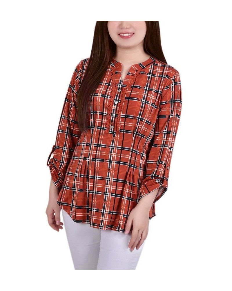 Petite Plaid Y Neck Top Red $14.70 Tops