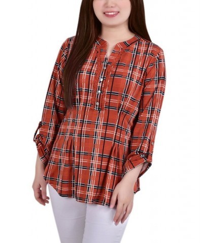 Petite Plaid Y Neck Top Red $14.70 Tops