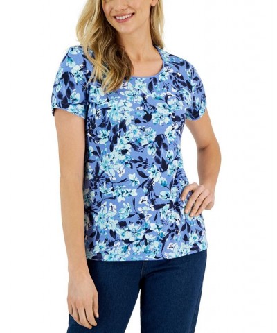 Petite Mademoiselle Fleur Scoop-Neck Top Blue $10.00 Tops