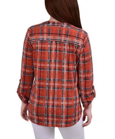 Petite Plaid Y Neck Top Red $14.70 Tops