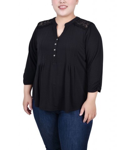 Plus Size Rouched Sleeve Pintuck Top Black $13.72 Tops