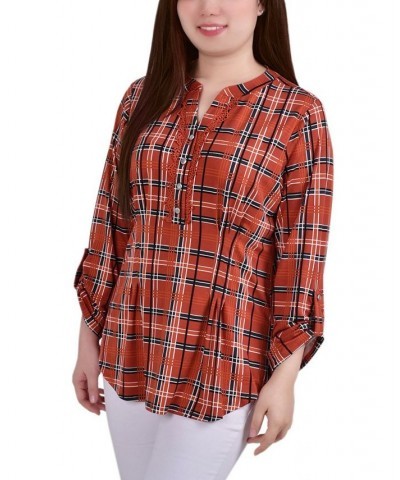 Petite Plaid Y Neck Top Red $14.70 Tops