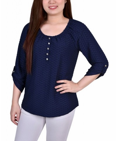 Petite 3/4 Sleeve Honeycomb Henley Top Blue $12.54 Tops