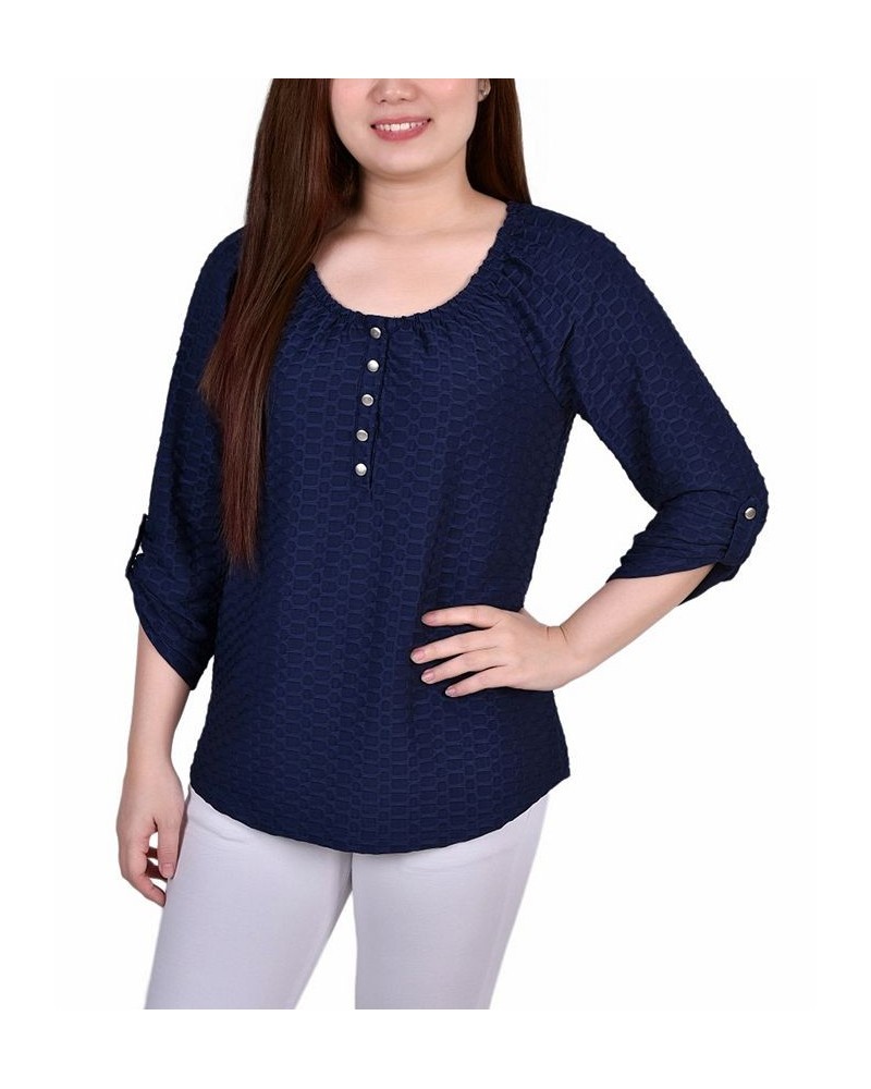 Petite 3/4 Sleeve Honeycomb Henley Top Blue $12.54 Tops