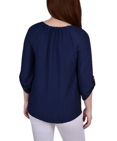 Petite 3/4 Sleeve Honeycomb Henley Top Blue $12.54 Tops