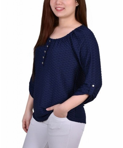 Petite 3/4 Sleeve Honeycomb Henley Top Blue $12.54 Tops