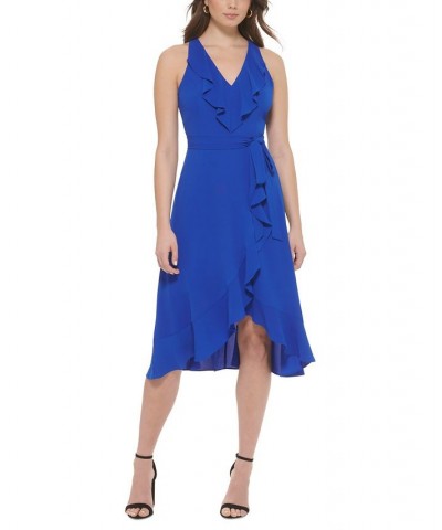 Women's Ruffled Tie-Waist Faux-Wrap Dress Blue $32.43 Dresses