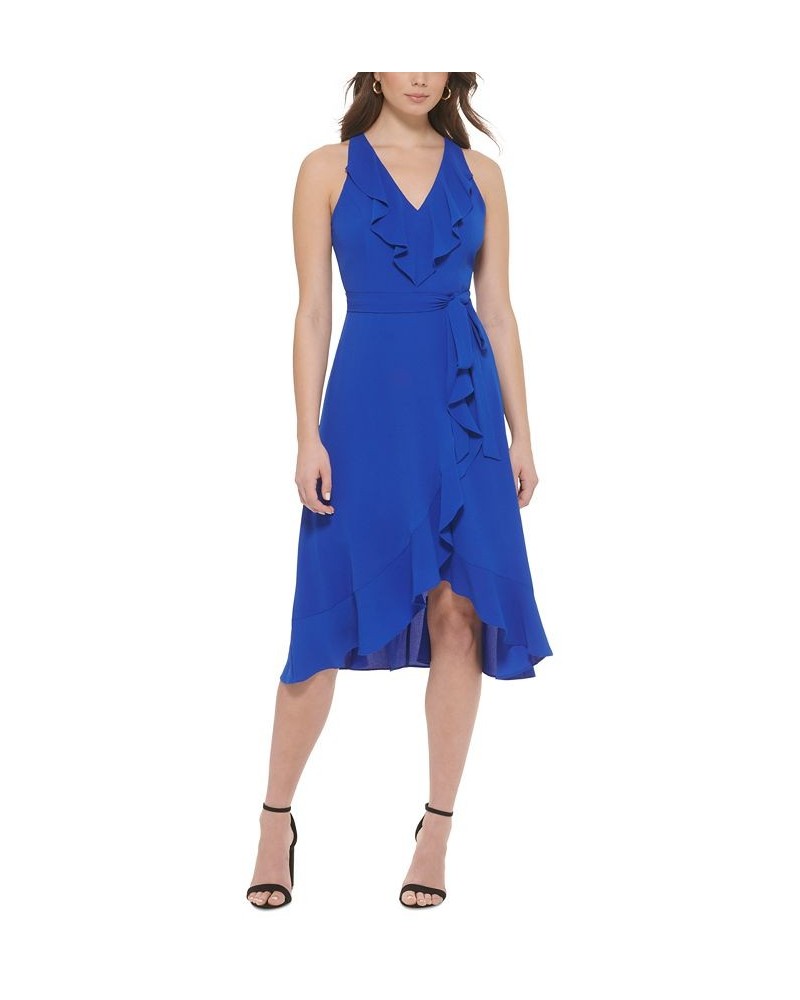 Women's Ruffled Tie-Waist Faux-Wrap Dress Blue $32.43 Dresses