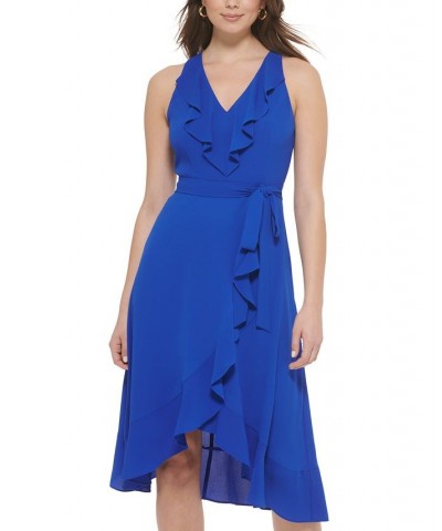 Women's Ruffled Tie-Waist Faux-Wrap Dress Blue $32.43 Dresses