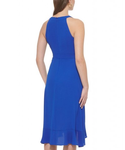 Women's Ruffled Tie-Waist Faux-Wrap Dress Blue $32.43 Dresses