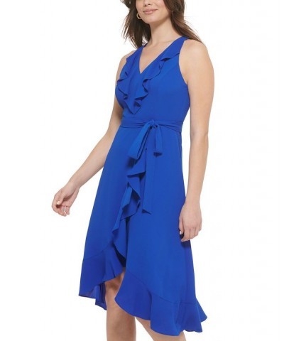 Women's Ruffled Tie-Waist Faux-Wrap Dress Blue $32.43 Dresses