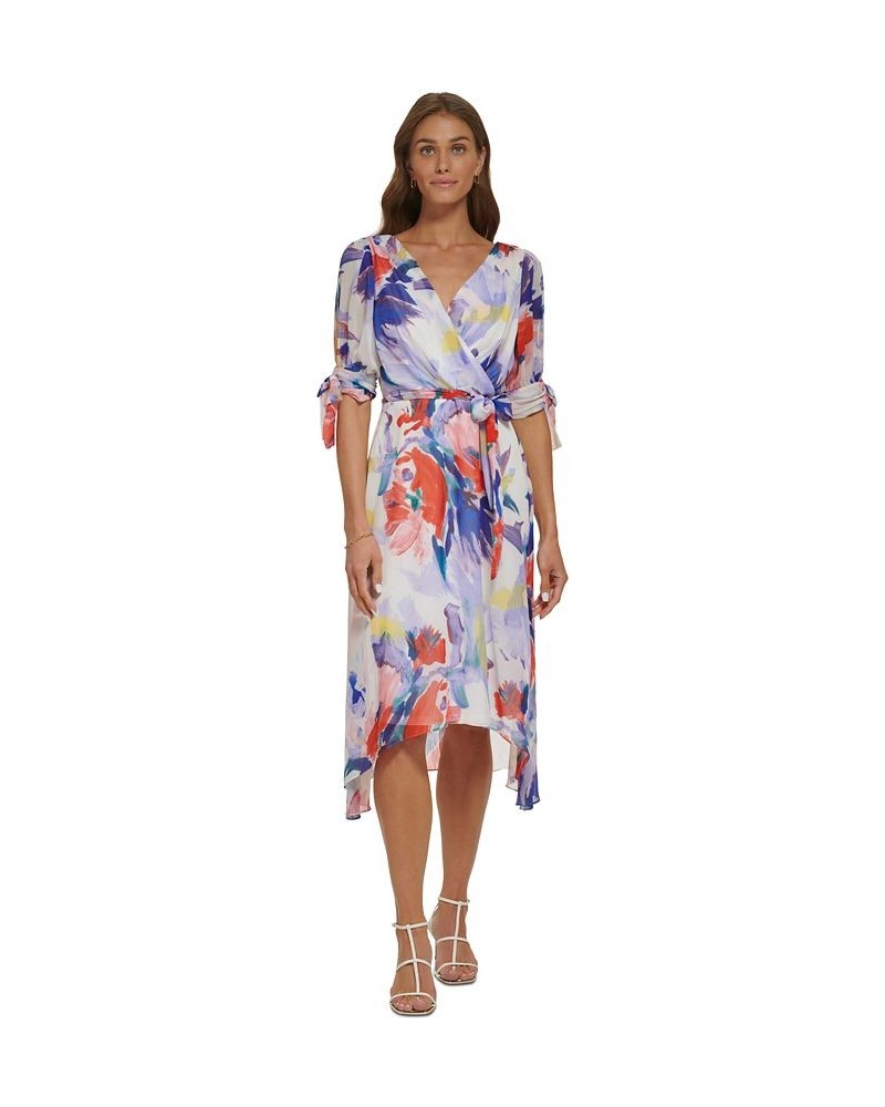 Women's V-Neck Tie-Sleeve Belted High-Low Dress Ivory/Marine Multi $51.84 Dresses