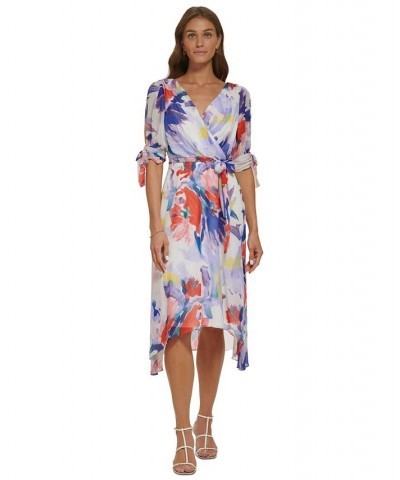 Women's V-Neck Tie-Sleeve Belted High-Low Dress Ivory/Marine Multi $51.84 Dresses