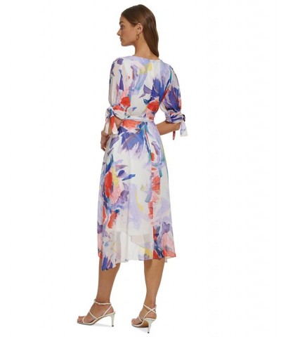 Women's V-Neck Tie-Sleeve Belted High-Low Dress Ivory/Marine Multi $51.84 Dresses