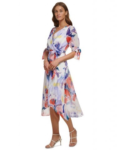 Women's V-Neck Tie-Sleeve Belted High-Low Dress Ivory/Marine Multi $51.84 Dresses