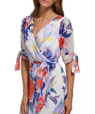 Women's V-Neck Tie-Sleeve Belted High-Low Dress Ivory/Marine Multi $51.84 Dresses