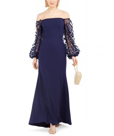 3D-Floral-Sleeve Scuba Crepe Gown Navy $85.68 Dresses