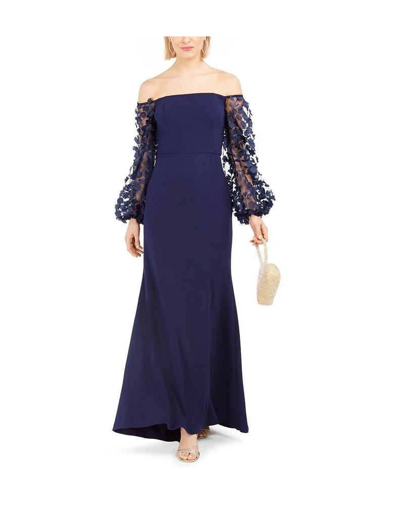 3D-Floral-Sleeve Scuba Crepe Gown Navy $85.68 Dresses