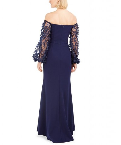 3D-Floral-Sleeve Scuba Crepe Gown Navy $85.68 Dresses