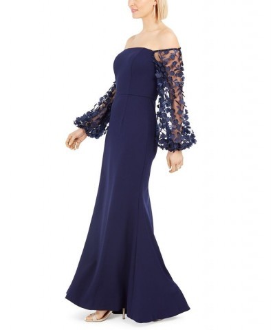 3D-Floral-Sleeve Scuba Crepe Gown Navy $85.68 Dresses