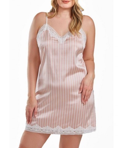 Brillow Plus Size Satin Striped Chemise with Lace Trim Pink $40.15 Sleepwear