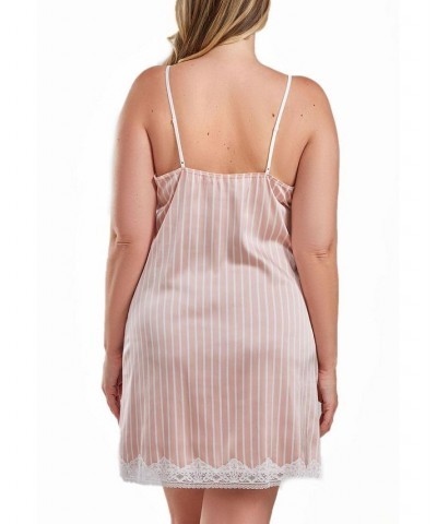 Brillow Plus Size Satin Striped Chemise with Lace Trim Pink $40.15 Sleepwear