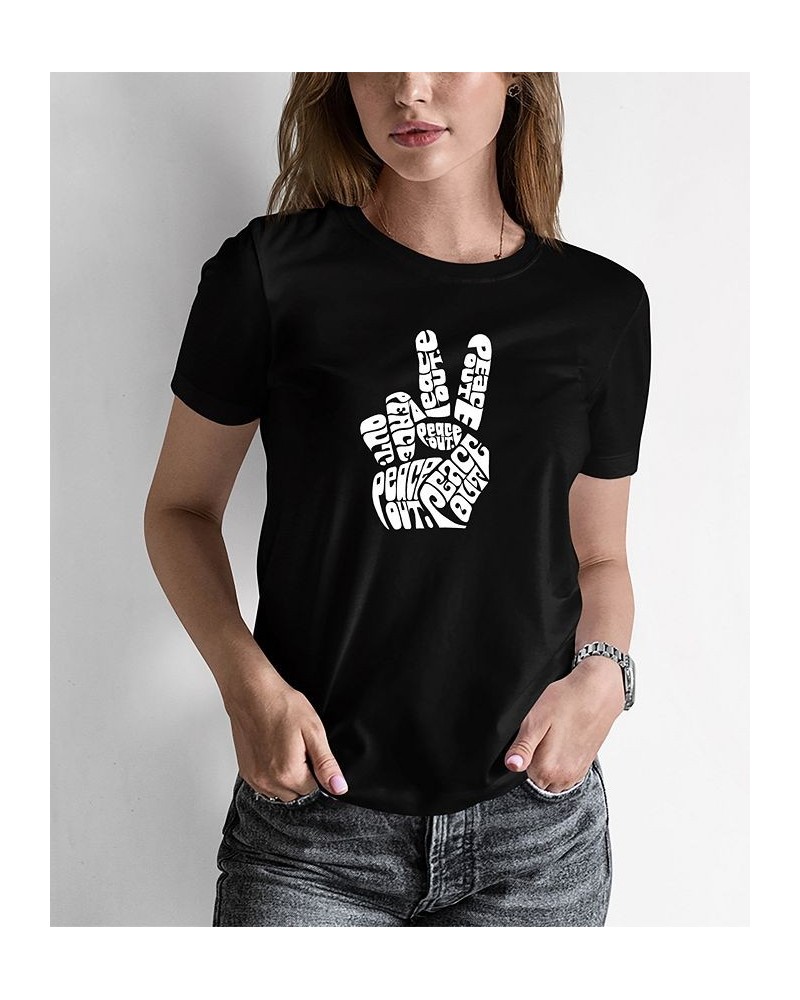 Women's Word Art Peace Out T-shirt Black $20.29 Tops